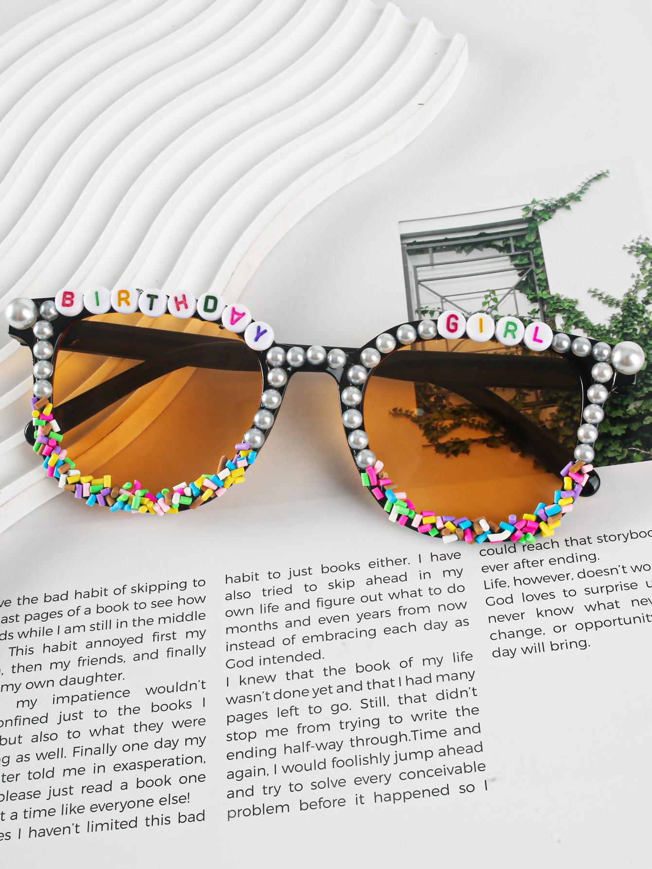 

Square Pearl Sunglasses, Men S And Women S Personalized Diy Handmade Pearl English Alphabet Party Sunglasses
