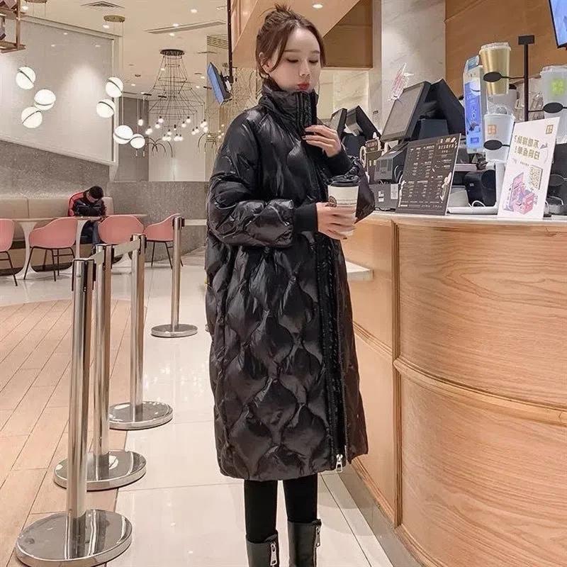 Down Padded Jacket Women's Mid-length Stand-up Collar Winter Korean Version Shiny Over-the-knee Padded Jacket Large Size Loose Solid Color Coats