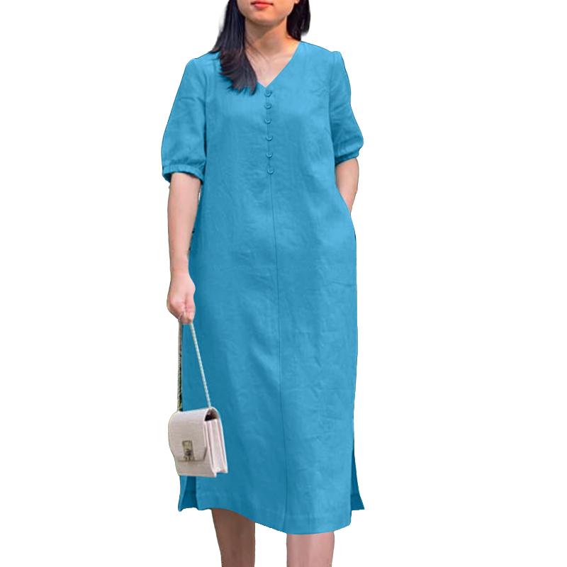 

ZANZEA Женское повседневное летнее платье с V-образным вырезом и коротким рукавом из хлопка S синий