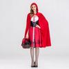 Hooded Cape Dress Women's Little Witch Maid Halloween Costume Set with Red Hat Cloak Dress Cosplay Outfit for Party Stage Show