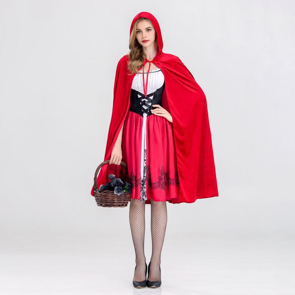 Hooded Cape Dress Women's Little Witch Maid Halloween Costume Set with Red Hat Cloak Dress Cosplay Outfit for Party Stage Show