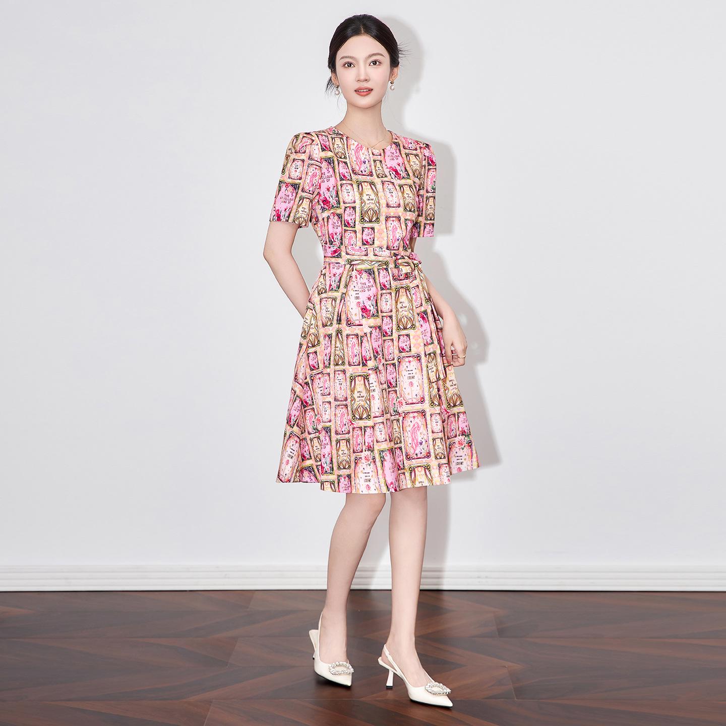 

Light Luxury Round Neck Slimming Tie-Waist Dress - Women s Summer Collection XL розовый