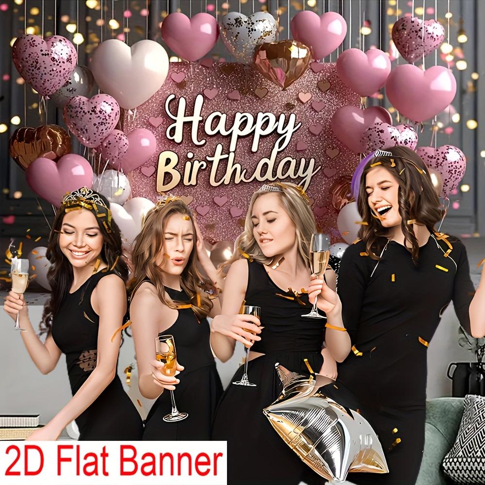 1 2D Flat Banner, "Happy Birthday" Pink Glitter Background, with Balloons and Hearts, Suitable for Birthday Party Decoration
