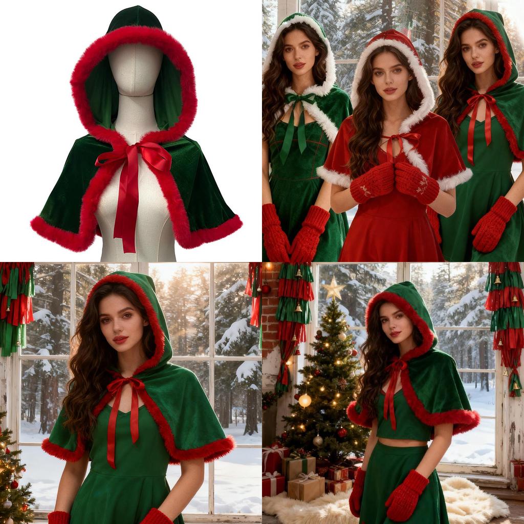 Vintage Christmas Hooded Cape With Polyester Material For Festive Event Wear