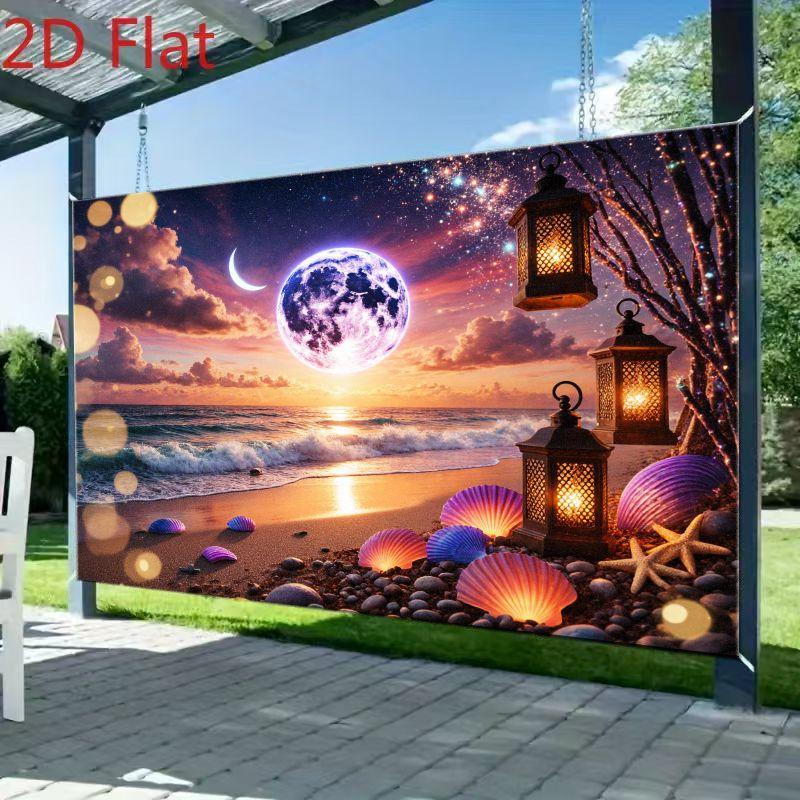 2D plane 1 piece of beach sunset scene with purple moon and starry sky intertwined event arrangement or cultural exhibition
