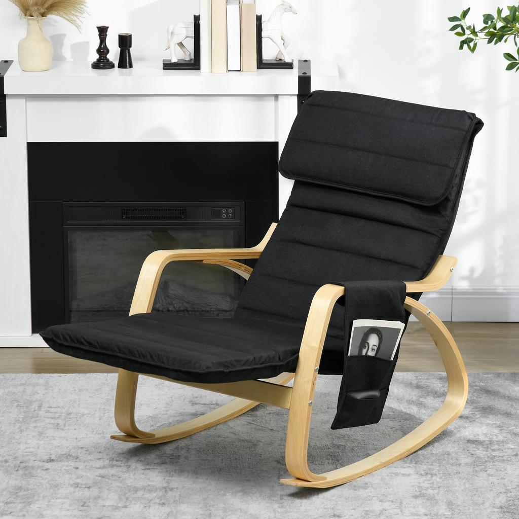 Rocking Lounge Chair Recliner Relaxation Lounging Relaxing Seat with Adjustable Footrest, Side Pocket and Pillow, Black