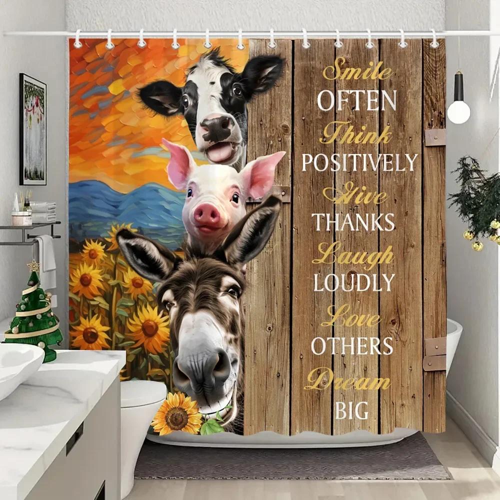 Farm Animals Highland Cattle Shower Curtain Rustic Rustic Farmhouse Plank Vintage Style Washable Shower Curtains Bathroom Decor