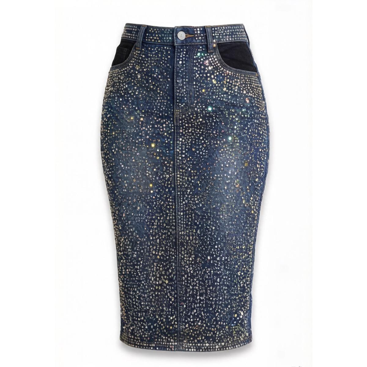 Women s High Waist Denim Pencil Skirt Slim Fit Rhinestone Midi Skirt Streetwear Bodycon Skirt S синий