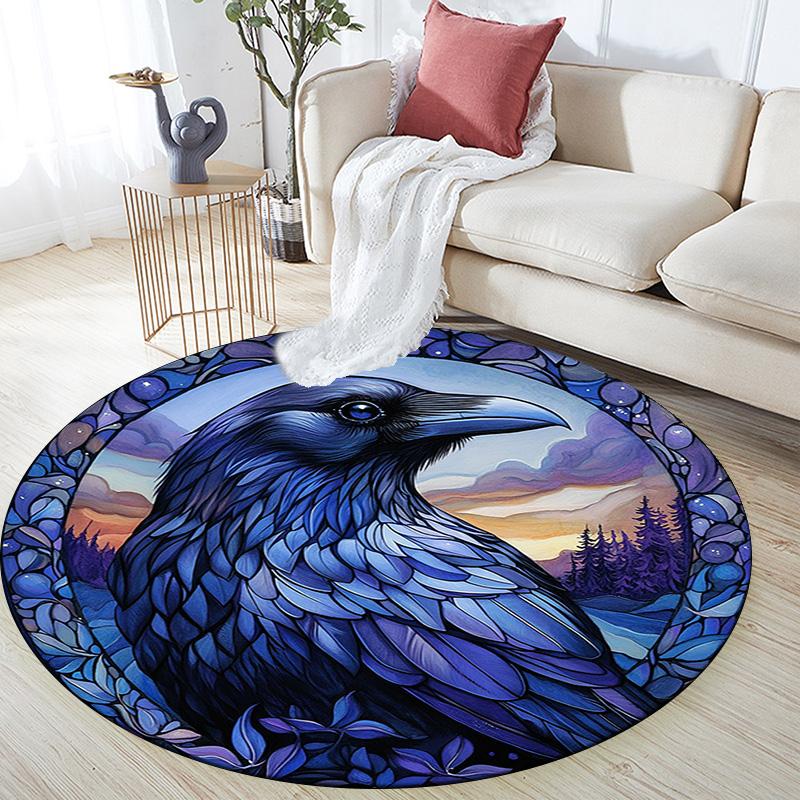 Blue Raven Round Area Rug,Carpet Rug for Living Room Bedroom Sofa Playroom Decor,Non-slip Floor Mat