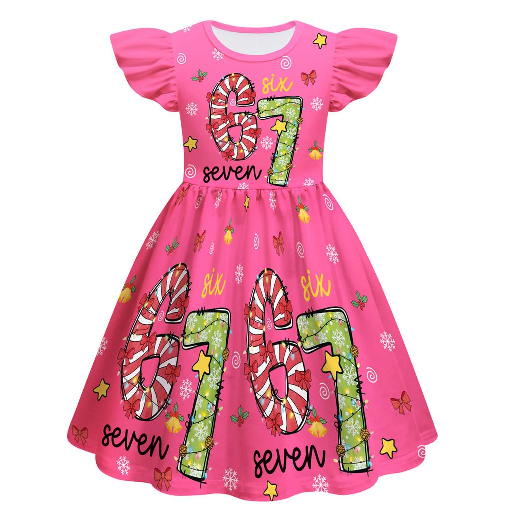 82836 Kinder Mädchen Weihnachten Steal a Brainrot 67 Six Seven Print Rüschen Ärmellos Prinzessinnenkleid
