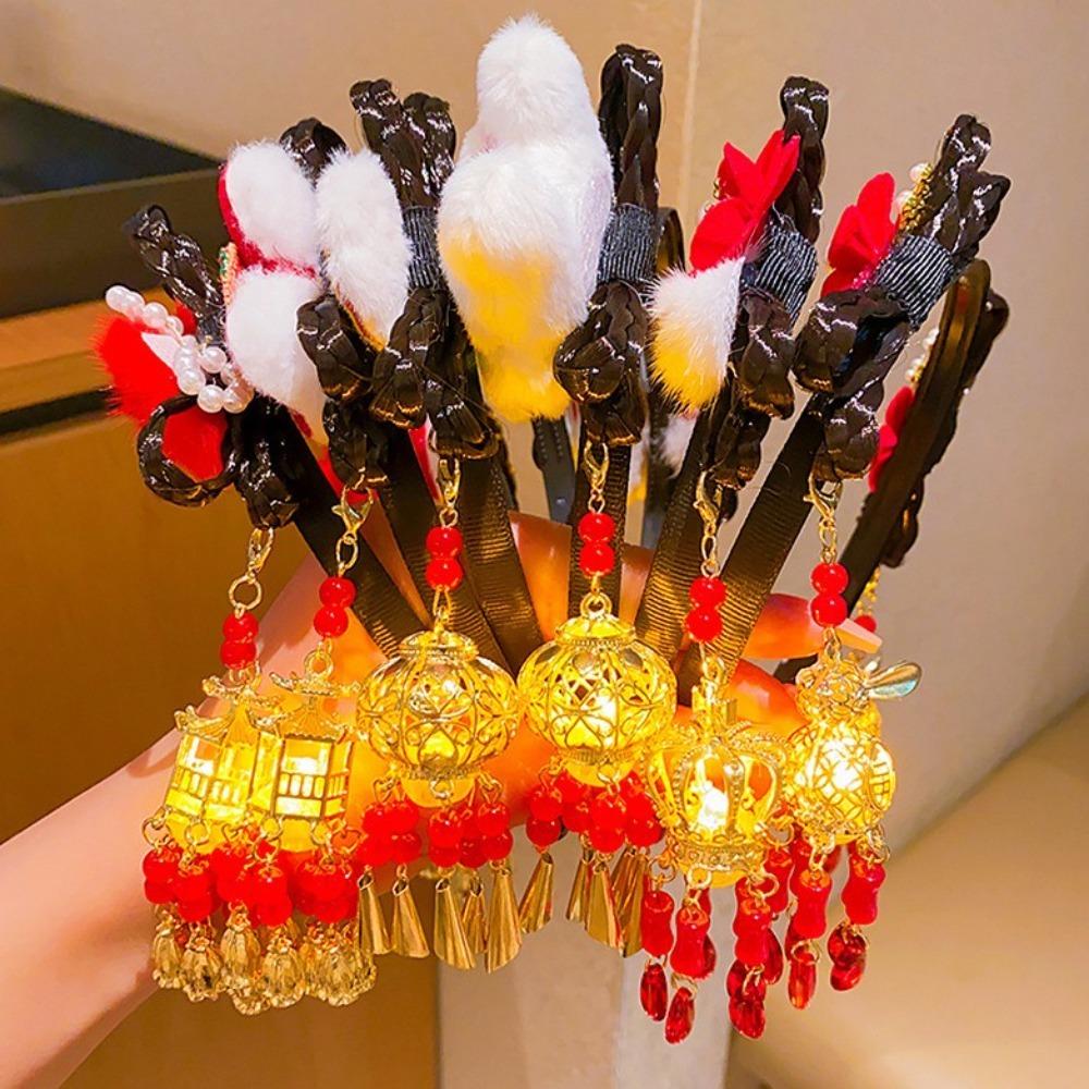 Flower Tassel Luminous Lantern Headband Chinese Style New Year Headdress  Children