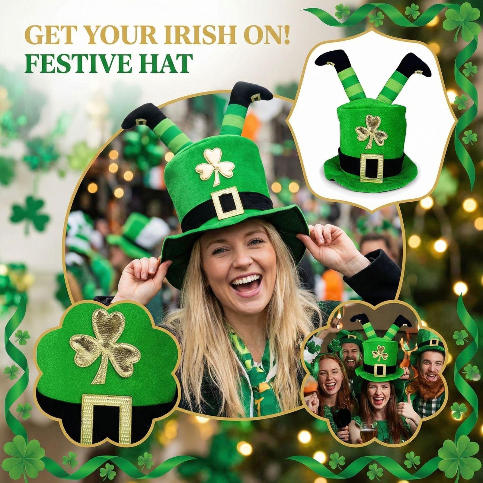 

Irish Leprechaun Hat For St. Patricks Men And Women Top Hat With 3D Irish Legs And Costume Accessory one size