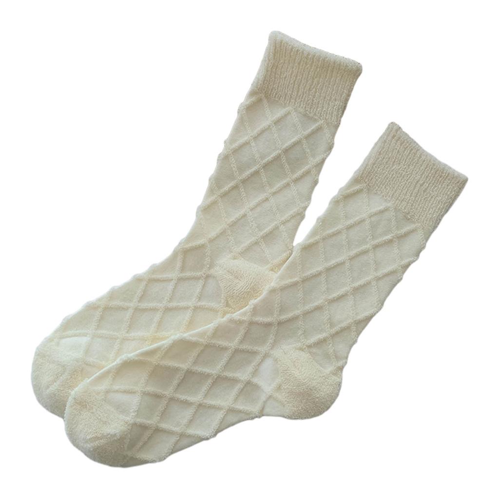 Solid Color Rhombus Striped Pattern Winter Thermal Warm Crew Socks for Women Thicken Faux Wool Knit Middle Tube Socks