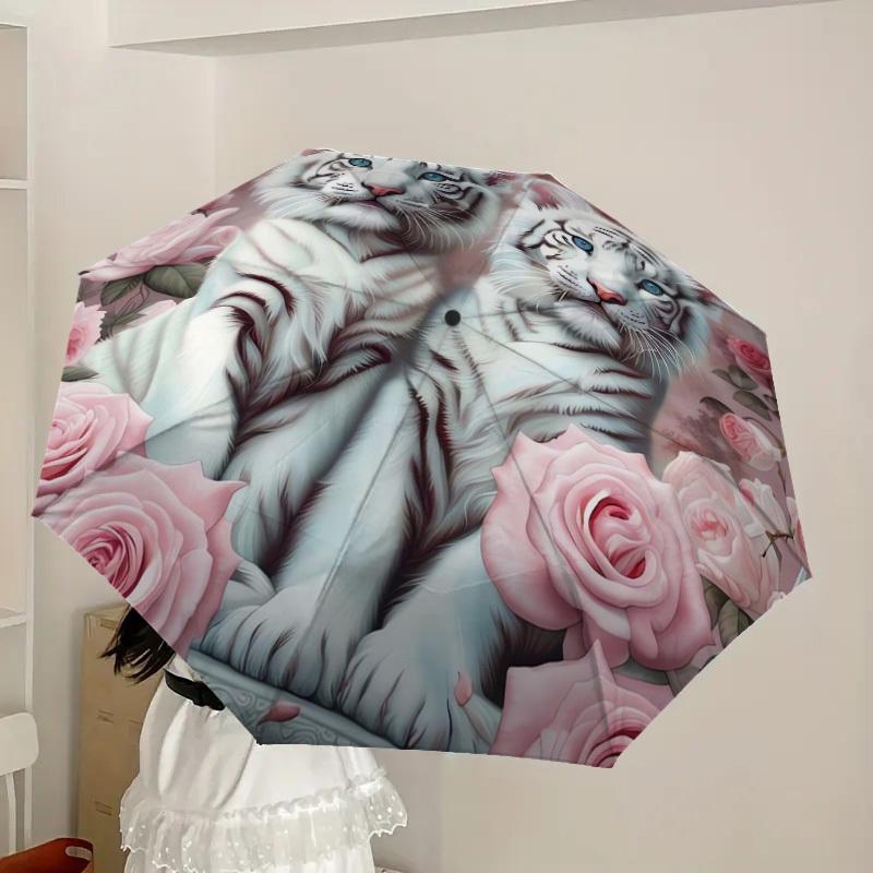 1pc White Tiger Roses Floral Artwork Umbrella with Plastic Handle,Suitable for All Seasons Home Travel Outdoor UmbrellaDD038