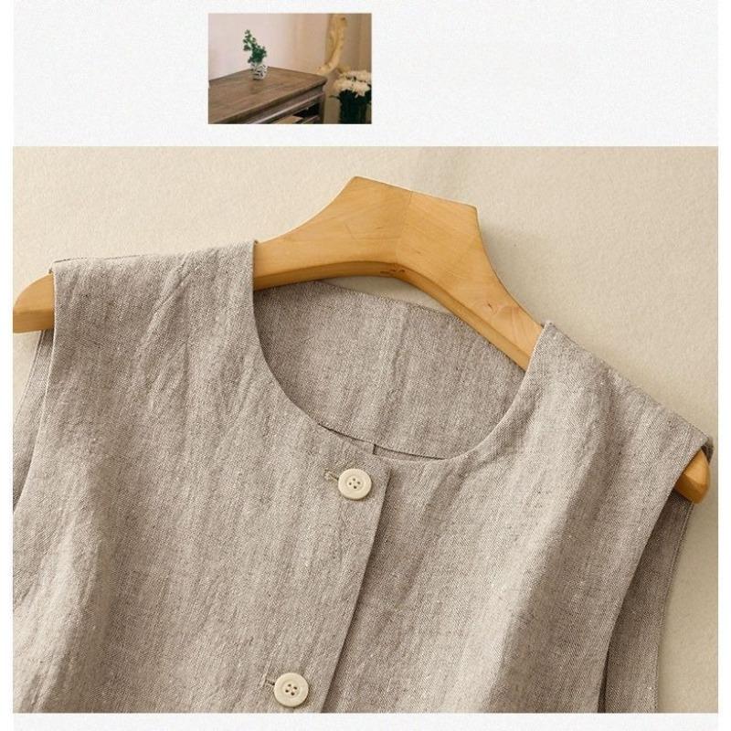 Spring and Summer Solid Color Retro Cotton and Linen Casual Loose Sleeveless Vest Vest Women