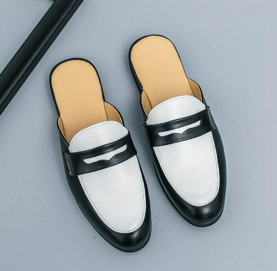 Men s British Style Pointed Toe Leather Mule Sandals - Summer Half-Open, Closed-Toe Design, Size 46 42 чёрный/белый
