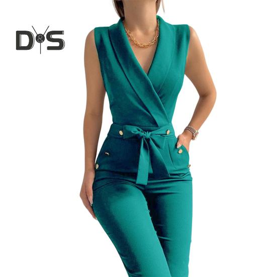 

Летний женский комбинезон без рукавов с V-образным вырезом, облегающий, с пуговицами, на шнуровке, однотонный, с широкими штанинами, деловой, деловой, дорожный комбинезон M зелёный