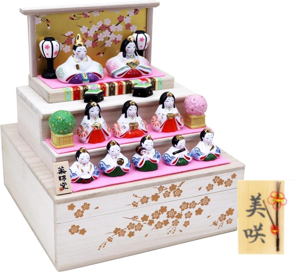 Osaka Choseido Original Hina Doll Tiered Storage Wooden Tag Included Ceramic Hina 21cm Yayoi Paulownia Wood Display, Compact, Mini, Display,