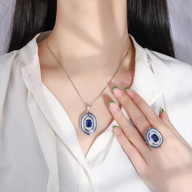 Jewelry Retro Ring Simulation Blue Glass Stone Two-Color Stone Diamond Pendant Ring Stud Earrings Cover 8 * 10