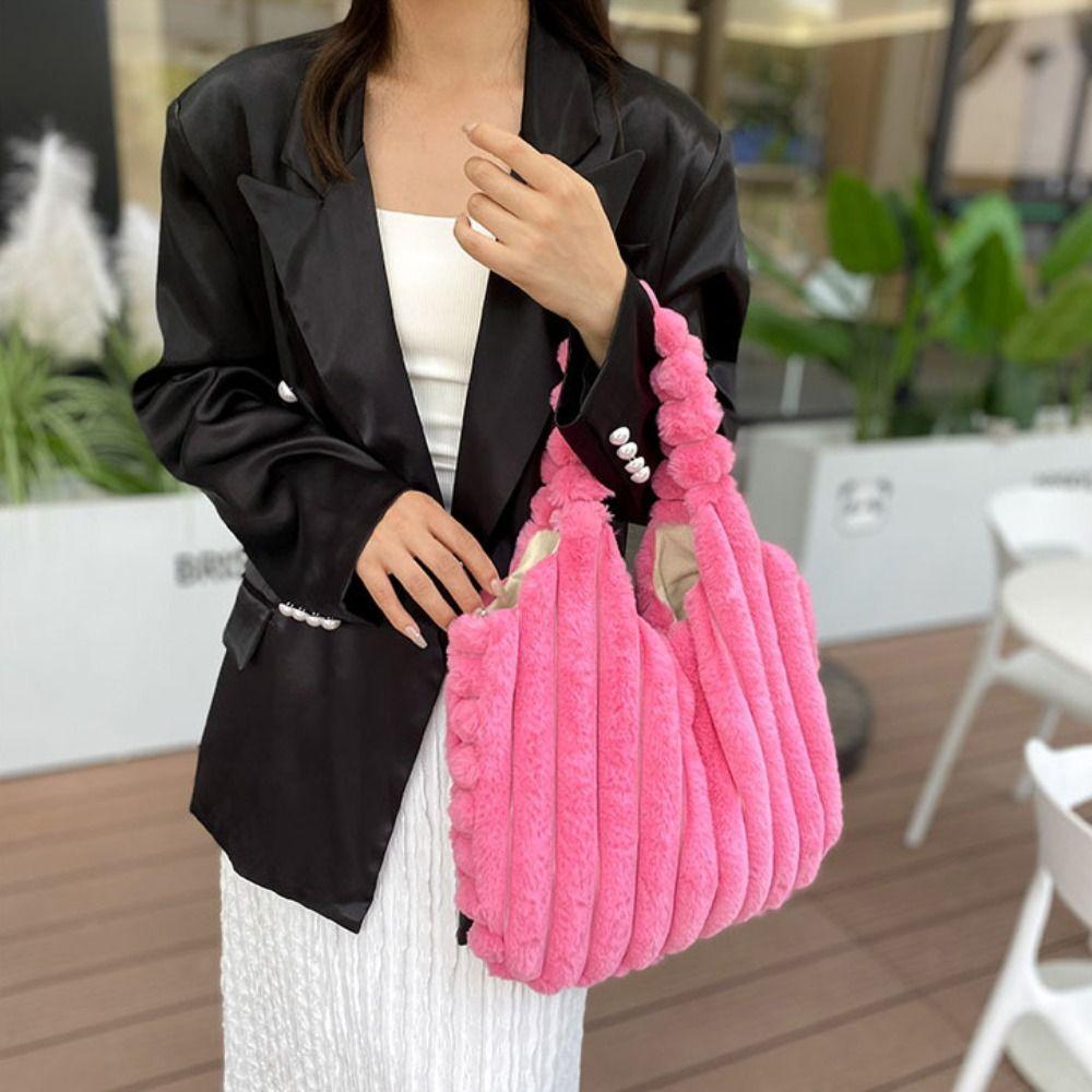 Solid Color Plush Handbag Large Capacity Plush Shoulder Bag Gift Plush Tote Bag Female/Girls