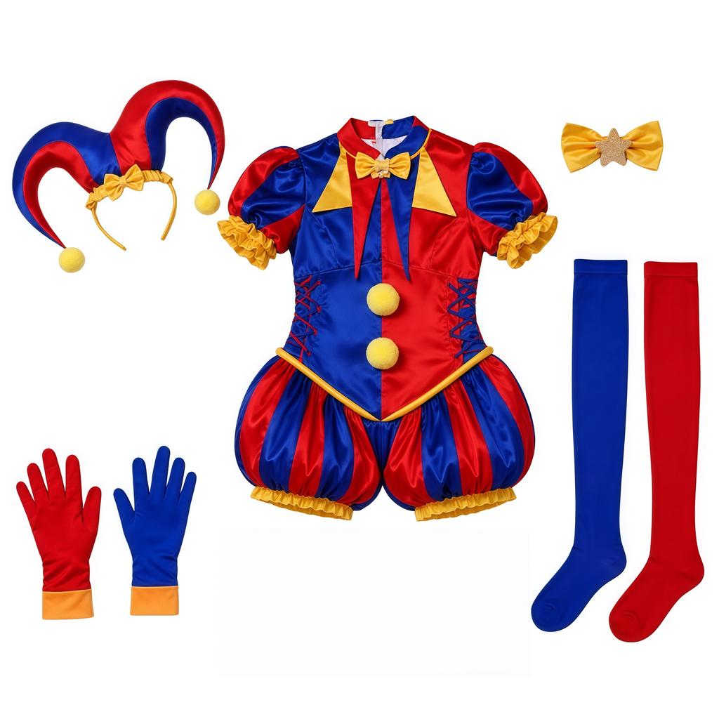 Der Erstaunliche Digitale Zirkus Pomni Cosplay Kostüm Damen Clown Narren Outfit Komplettes Set Halloween Karneval Bühne Kostüm