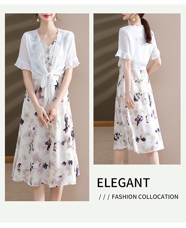2026 Summer Fashion Chiffon Two-Piece Skirt Set for Middle-Aged & Elderly Women - Short Sleeve Dress
