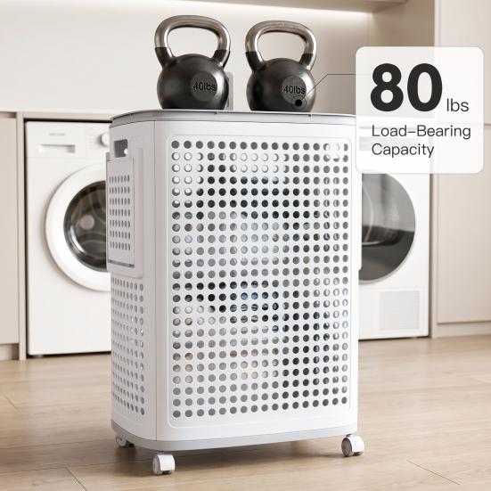 Multi-Functional Top Cover Rolling Laundry Hamper with Lid, Large Plastic Clothes Basket Socks And Underwear Storage 2 Side Pockets, Mobile Dirty Bin