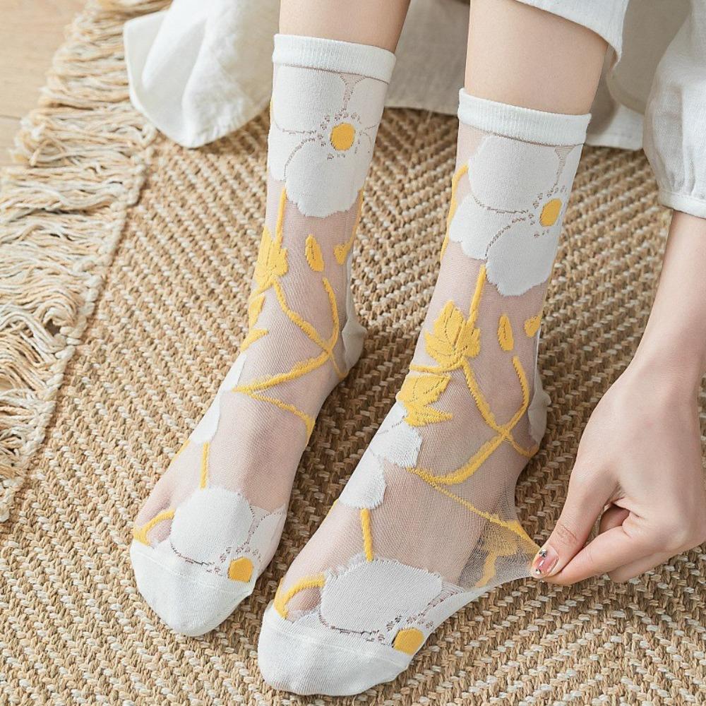 Sweet Floral Women's Socks Transparent Long Socks Fashion Crystal Silk Socks  Summer