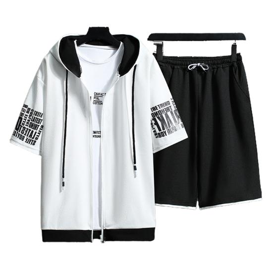 1 set Sommar Herr Huvtröja Shorts Färgblock Bokstavstryck Koreansk Stil Huvförsedd Outfit för Vardagsbruk