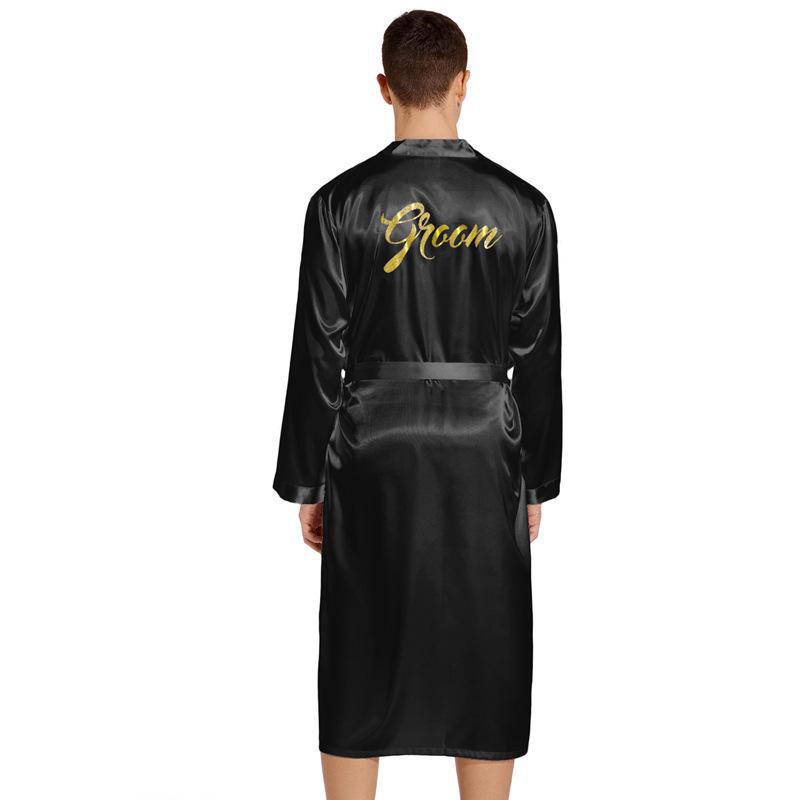 Men's Gold Lettering Wedding Morning Robe - Long, Large Size, Spring/Autumn Cardigan Nightgown