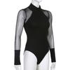 Bodysuit: Langarm-T-Shirt für Damen mit gespleißtem Netz und einteiligem Unterhemd-Oberteil.