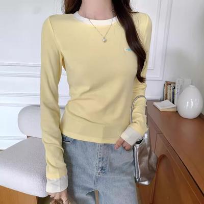 Early Autumn Round Neck Contrasting Long-sleeved T-shirt for Women New Fake Two-piece Slim Fit and Slim Inner Bottom Shirt Top