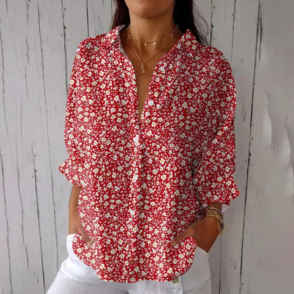 Women's Fashion Seven Sleeve Casual Lapel Back Tie Shirt Printed T-Shirt Top