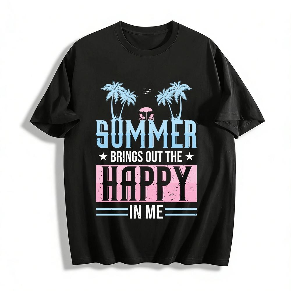 Summer Vacation Style Coconut Tree Print Casual Short Sleeve Top Pure cotton T-shirt XXS