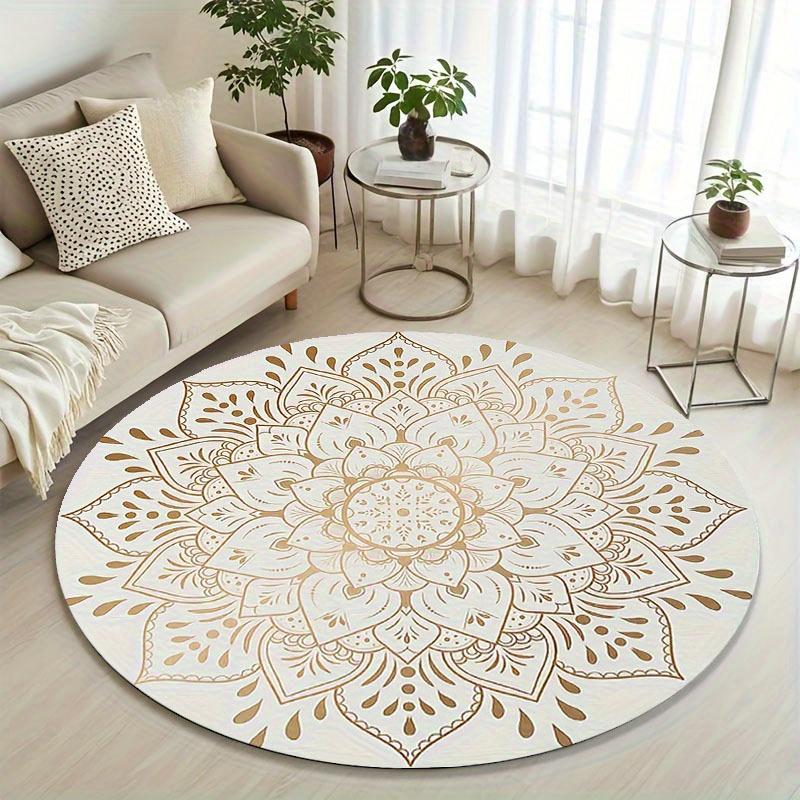 Bedruckter runder Teppich aus Flanell mit goldenem Mandala-Design für die Wohnkultur Weiche Bodenmatte Boho-Kunst-Thema Elegantes Interieur