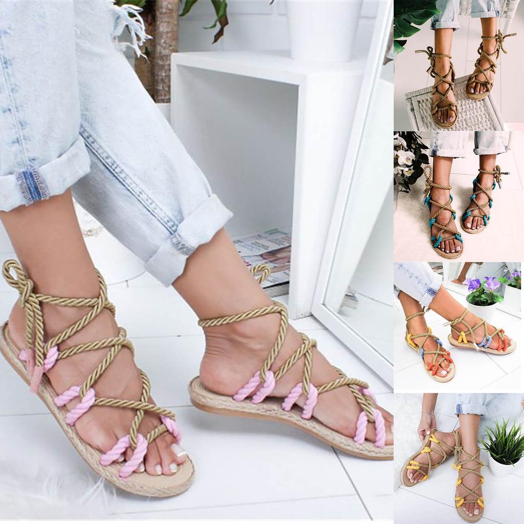 Women's Casual Flat Hemp Rope Lace-up Color Matching Large Size Roman Sandals