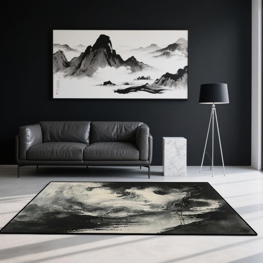 Chinese Style Black White Ink Wash Carpets Decoration Living Room Easy Clean Bedroom Non-slip Rug Lounge Washable Soft Floor Mat