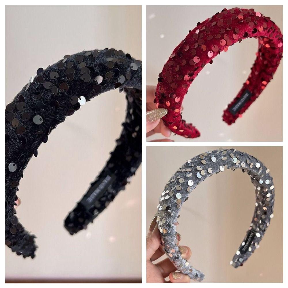 Velvet Sequins Headband Solid Color Sponge Hair Band Exquisite Wide Hairband  Ladies