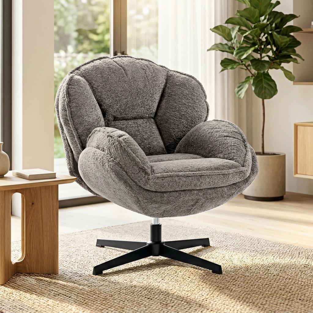 Modern Wingback Accent Chair, Velvet Armchair with Four-Star Base, S-Springs, Swivel, Grey