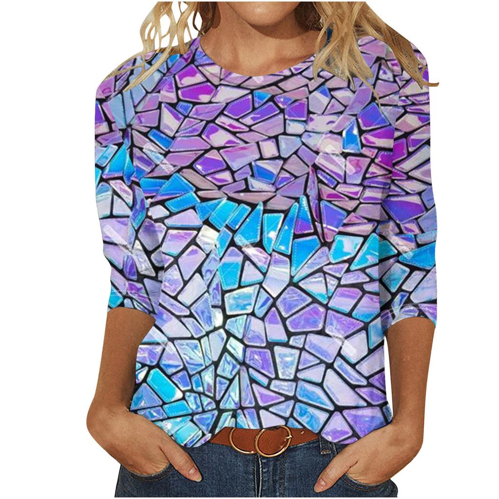 Round Neck 3D Printed Geometric Diamond Pattern Top Fashionable Casual Long Sleeved Women's T-shirts