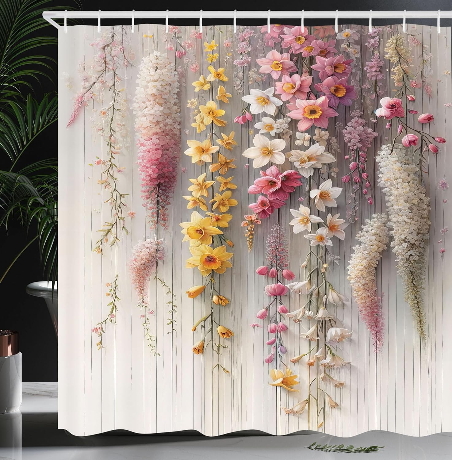 

Spring Shower Curtain Delicate Romantic Creeper Mesh Flowers Cascade Neutral Theme Blush Yellow Pink Bathroom Decor Hooks W60H190(CM)-1 Pcs