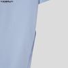 INCERUN Summer Men Stand Neck Short Sleeve  Splits Casual Long T-shirts Tee