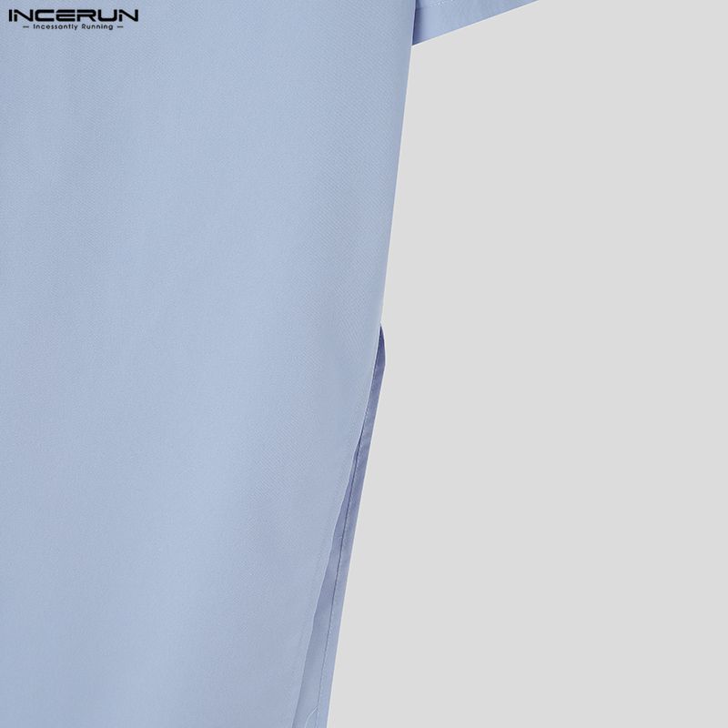 INCERUN Summer Men Stand Neck Short Sleeve  Splits Casual Long T-shirts Tee