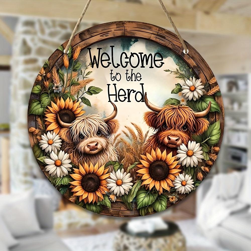 Sunflower & Highland Cow Wooden Hanging Sign - Farmhouse Welcome Door Decor for Indoor Outdoor Porch Housewarming Gift