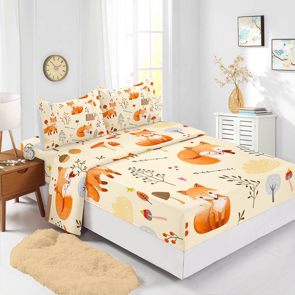 Four-Piece Mattress Set, Little Fox Pumpkin Thanksgiving 3D Digital Printing Mattress Protective Cover