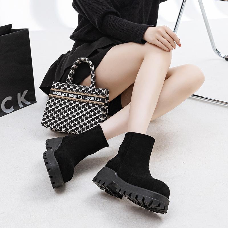2025 autumn and winter new matte cowhide Martin boots women's thick-soled heightening rhubarb boots British style round head sleeve short boots