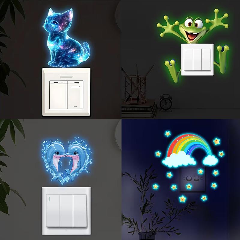 Glow-In-The-Dark Switch Sticker Frog Cat Design Self-Adhesive Removable Pvc Switch Decoration For Home, Bathroom, Bedroom