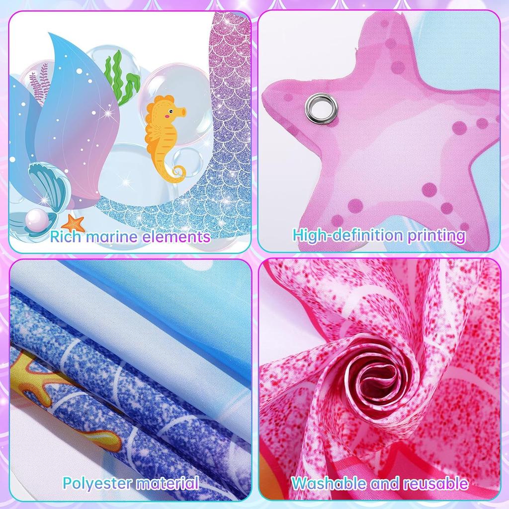 2Pcs Mermaid Birthday Decorations for Girls Mermaid Tail Photo Banner Backdrop Photo Props Under The Sea Birthday Photo Decor Pink Ocean Theme Party