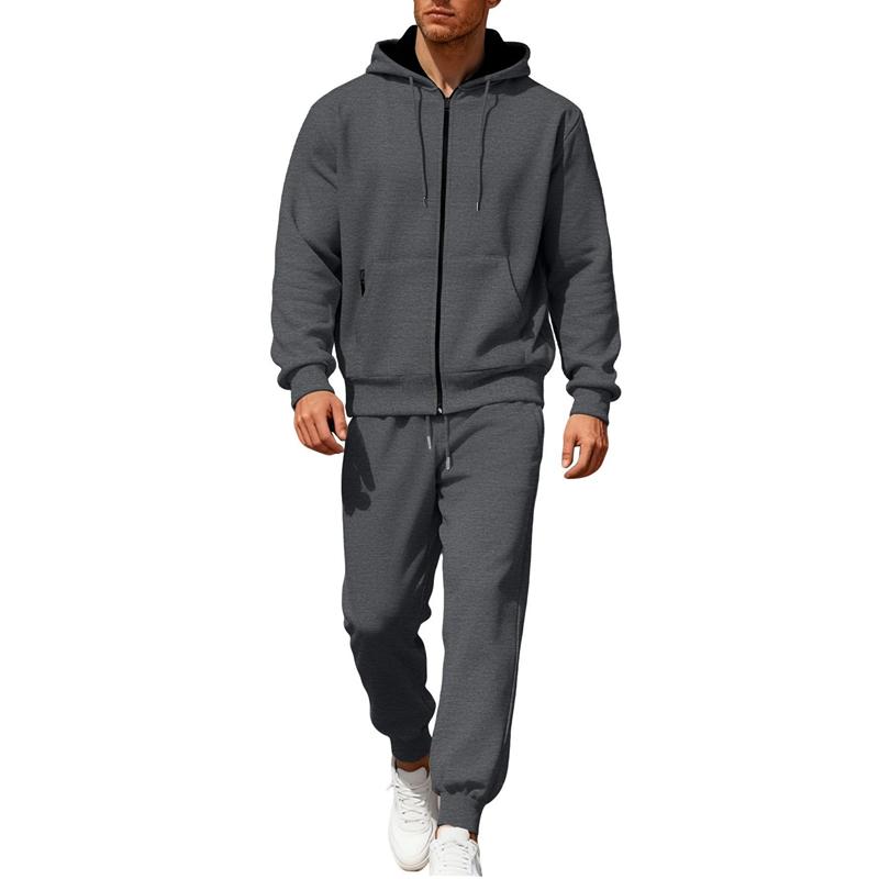 Ensemble de sport à capuche en polaire pour homme Automne Hiver Manches Longues Décontracté Fermeture éclair Thermique Confortable Respirant Vêtement d'extérieur