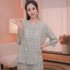 Fenteng [100% cotton] comfortable V-neck cardigan plaid seven quarter sleeves and eight quarter pants home suit set women's pajamas